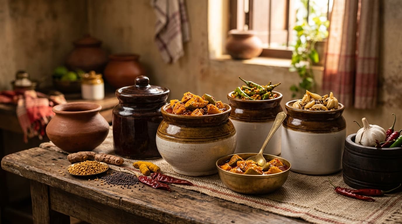 Traditional Indian Pickles Spread in ceramic martaban jars